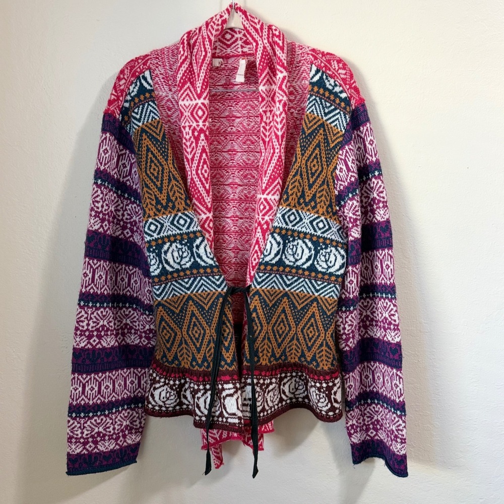 Sundance Gretchen Fair Isle Knit Cardigan Sweater XL Pink Geometric Boho Wool